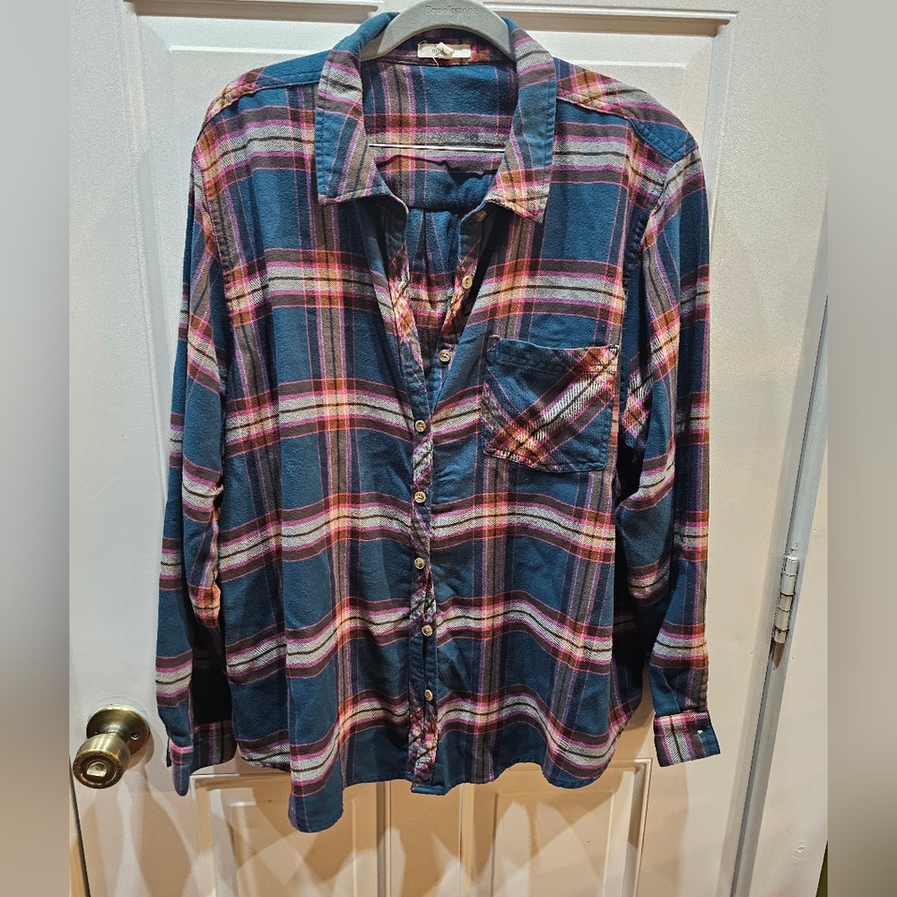 Maurices Teal And Pink Oversized Boyfriend Button Down Shirt 2X